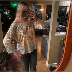 Y2K Floral Print Women's Top with rhinestones and 3/4 sleeves